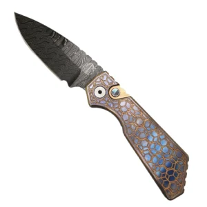 Pro-Tech Knives Strider PT+ Custom S/E Automatic Folding Knife Titanium Blue/Gold - Damascus